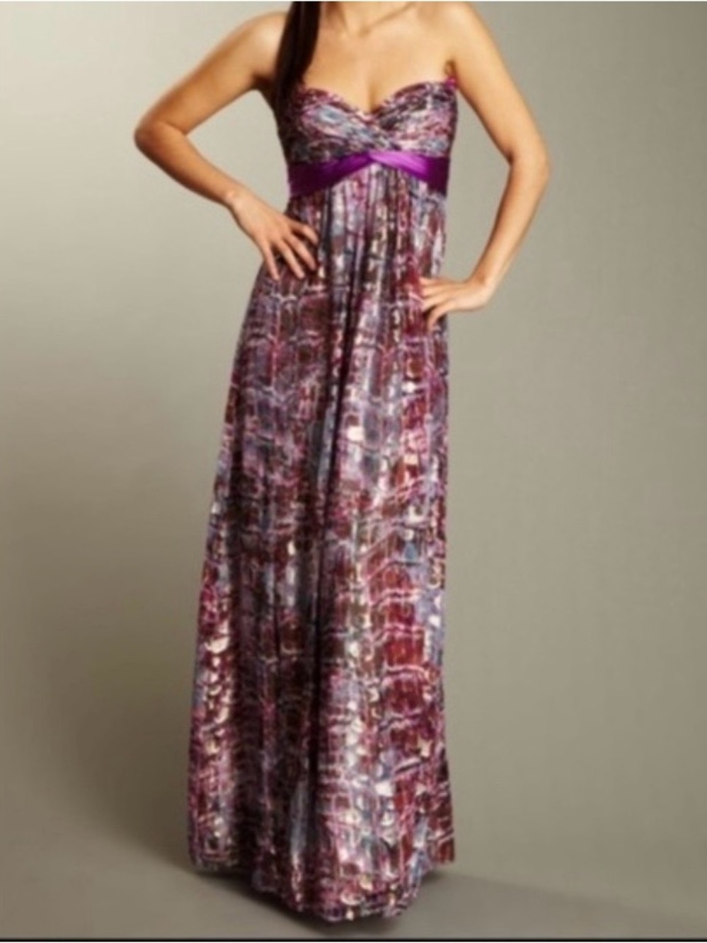 BCBGMAXAZRIA strapless evening gown in metallic violet